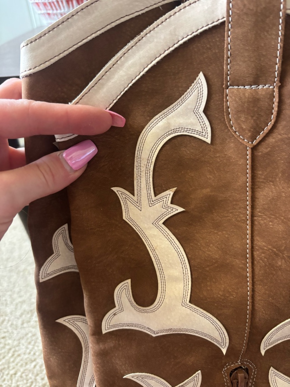 Oasis Society Brown Suede Western Knee-High Boots with White Stitching - Picture 6 of 7